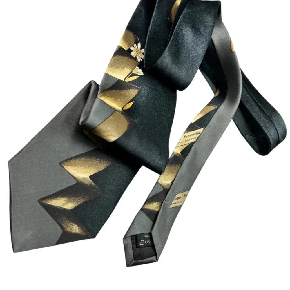 Ermenegildo‎ Zegna Silk Tie Geometric Gray Old Money Eclectic Grandpa Vtg 90's